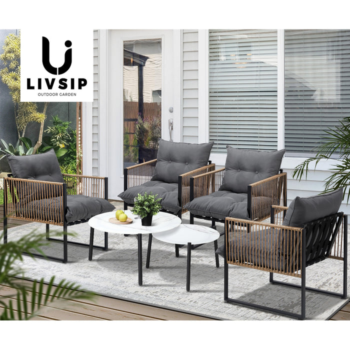 Outdoor Patio Setting Furniture White Coffee Table Set Rattan Chairs 6Pcs