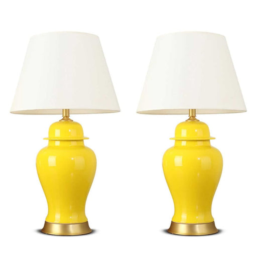 2x Oval Ceramic Table Lamp With Gold Metal Base Desk Yellow