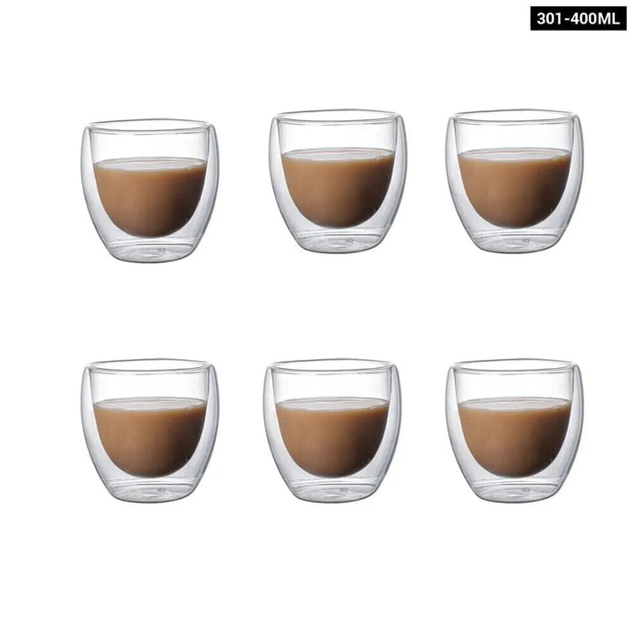 Pack of 6 Clear Double Wall Glass Coffee Mugs Set 5 Sizes