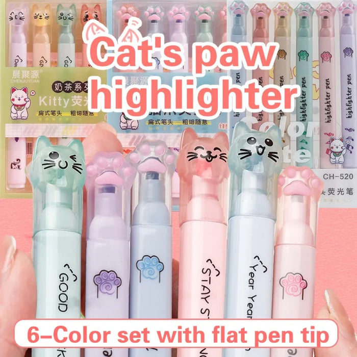 Pack of 6 Kawaii Cat Claw Highlighters Fluorescent Art