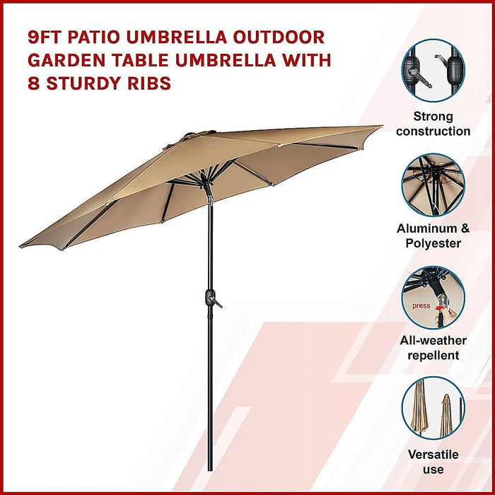 9ft Patio Umbrella Outdoor Garden Table with 8 Sturdy Ribs