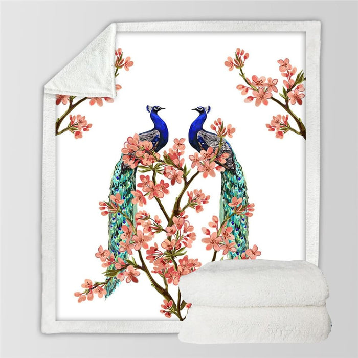 Peacock Bird Blankets For Bed Blooming Sakura Flower Plush
