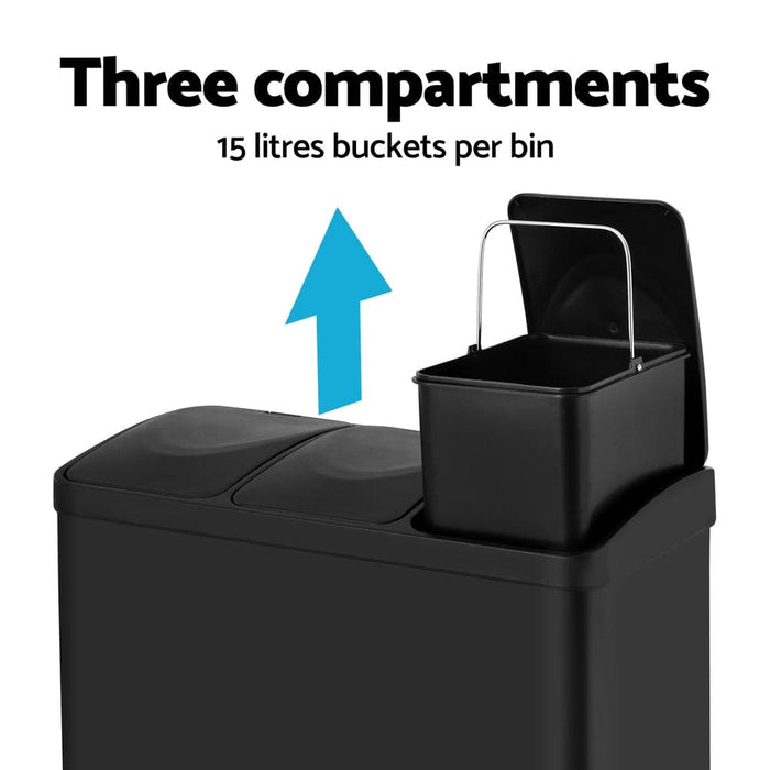 Pedal Bins Rubbish Bin Triple Compartments Waste Recycle