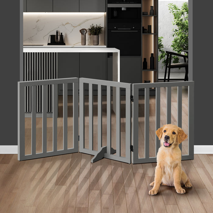 Wooden Pet Gate Dog Fence Safety Stair Barrier Security Door 3-Panel Grey