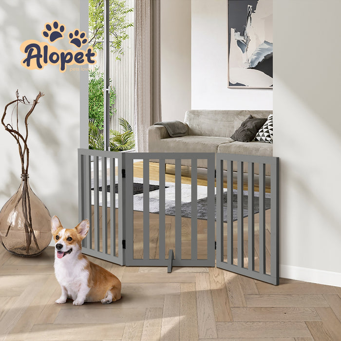 Wooden Pet Gate Dog Fence Safety Stair Barrier Security Door 3-Panel Grey