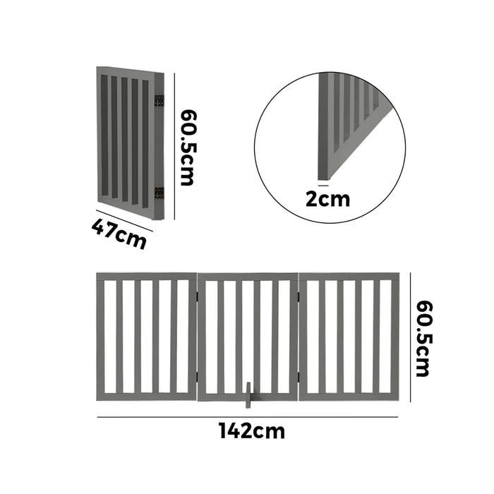 Wooden Pet Gate Dog Fence Safety Stair Barrier Security Door 3-Panel Grey