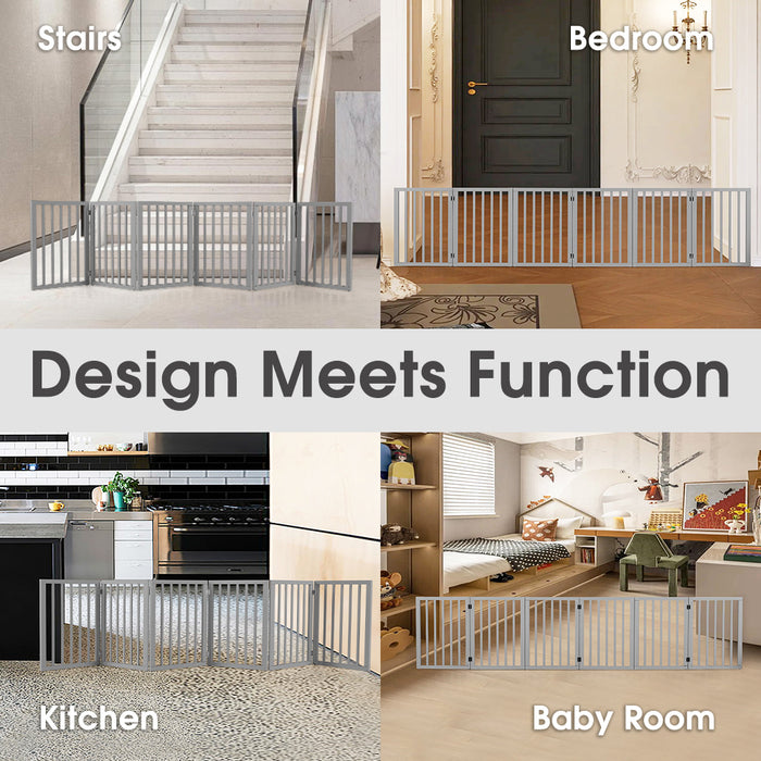 Wooden Pet Gate Dog Fence Safety Barrier Security Door 6 Panel 61Cm Grey