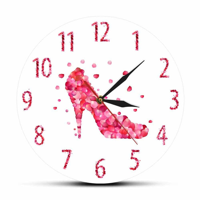 Pink Rose Petal Style High Heels Shoe Silent Wall Clock