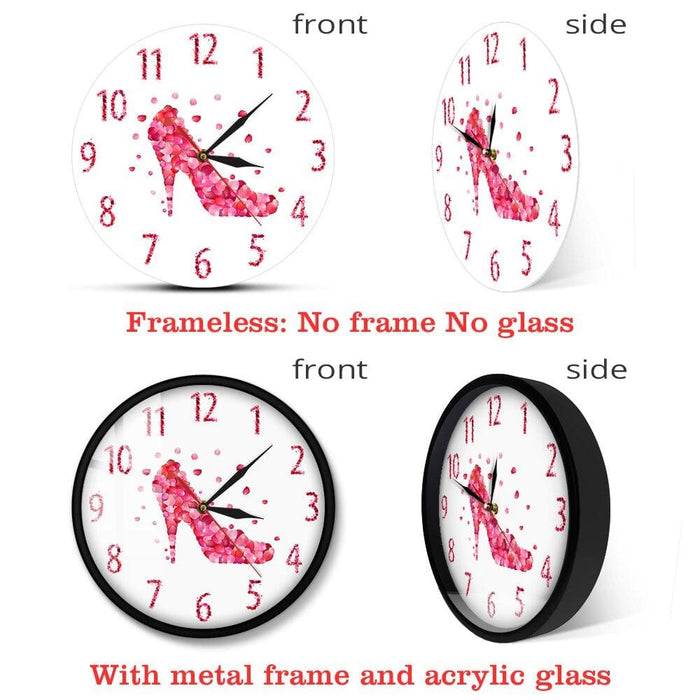 Pink Rose Petal Style High Heels Shoe Silent Wall Clock