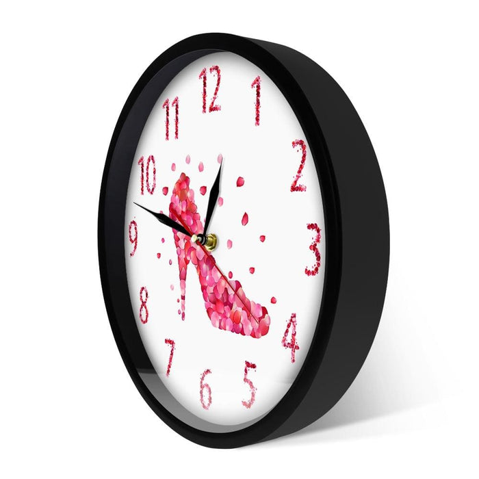 Pink Rose Petal Style High Heels Shoe Silent Wall Clock