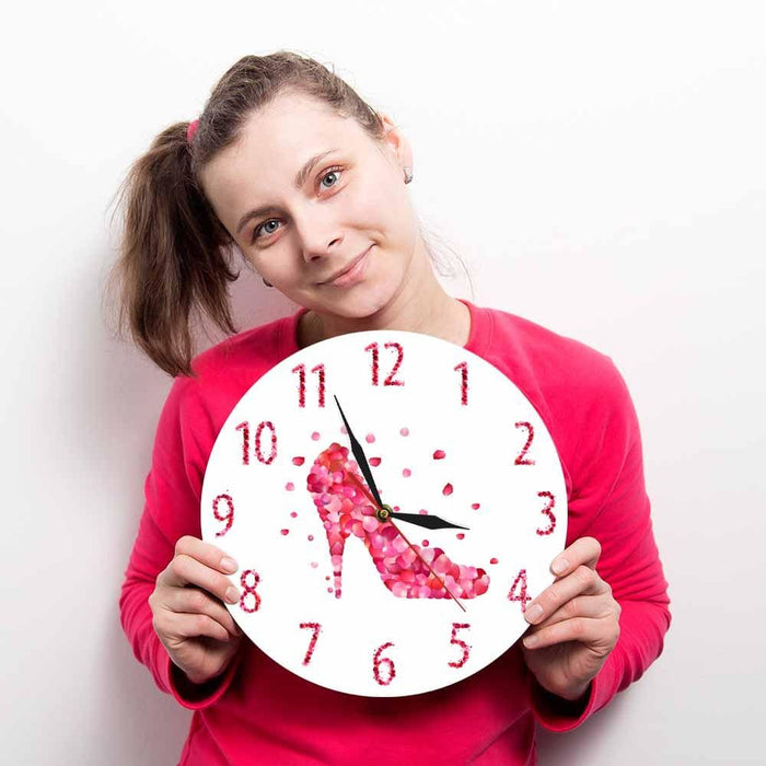Pink Rose Petal Style High Heels Shoe Silent Wall Clock