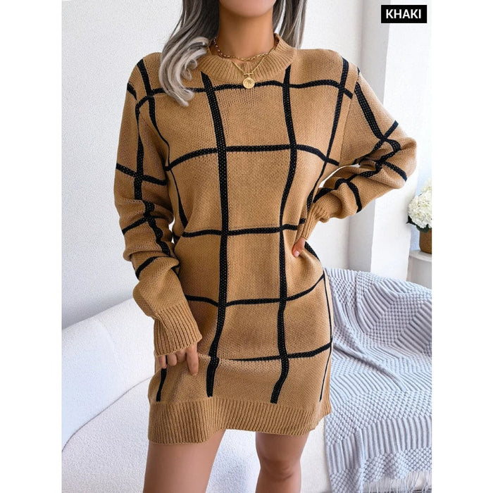 Plaid Knit Sweater Dress for Women