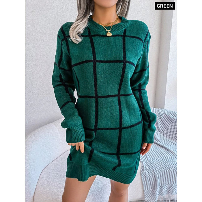 Plaid Knit Sweater Dress for Women
