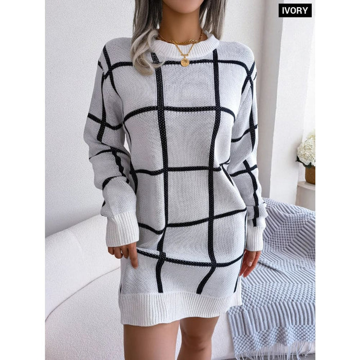 Plaid Knit Sweater Dress for Women