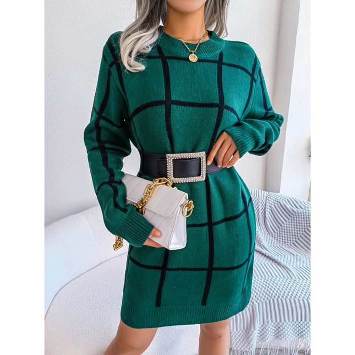 Plaid Knit Sweater Dress for Women