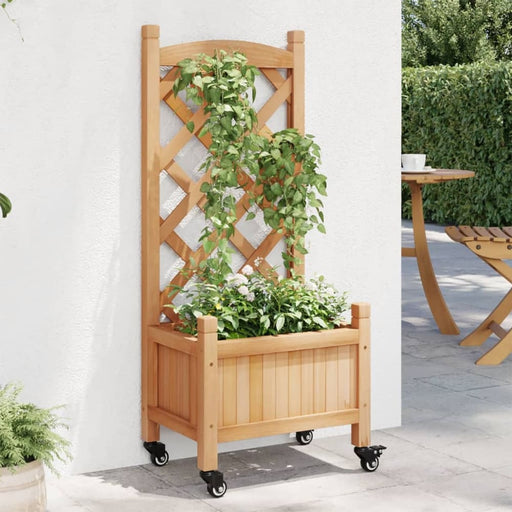 Planter With Trellis And Wheels Brown Solid Wood Fir Txbilaa