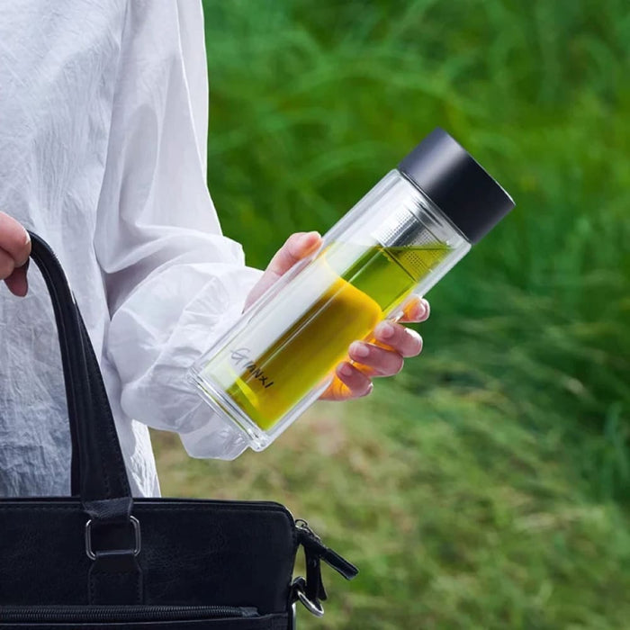 Portable Glass Water Bottle with Tea Strainer and Magnetic