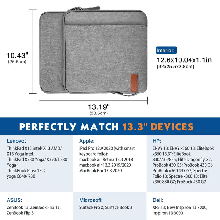 Portable Sleeve Case with Pockets for 13.3 Inch Laptop