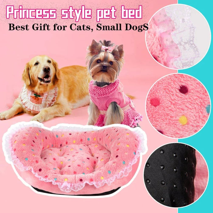 Princess Style Pet Bed Pink Polka Dots Soft Fleece Anti