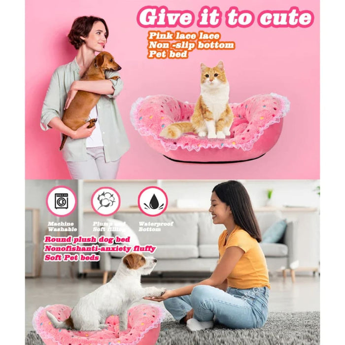 Princess Style Pet Bed Pink Polka Dots Soft Fleece Anti