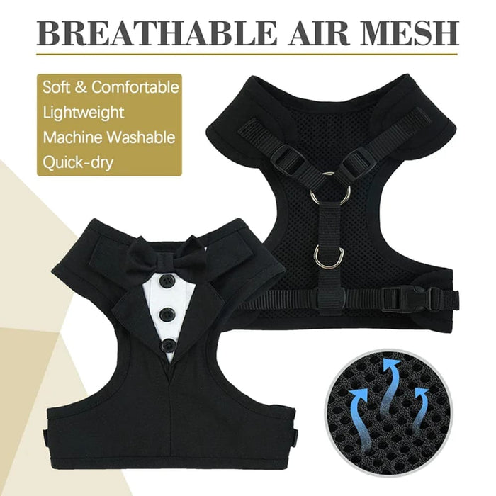 No Pull Tuxedo Dog Harness Set with Leash and Bow Tie Soft