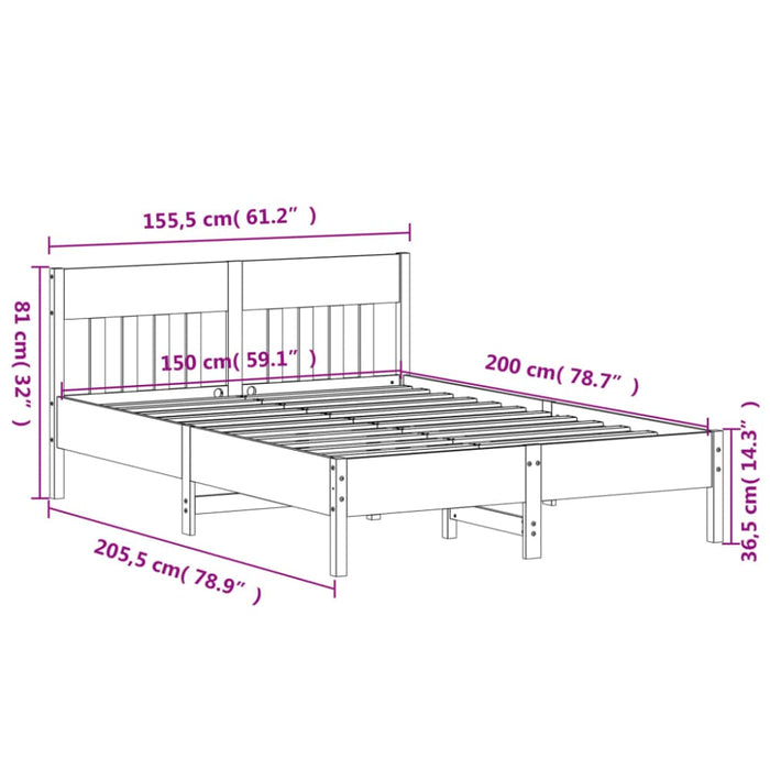 Queen Size Bed Frame with Headboard 150x200 Cm Solid Wood