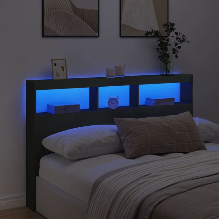 Queen Size Headboard Cabinet with Led Black 160x17x102 Cm