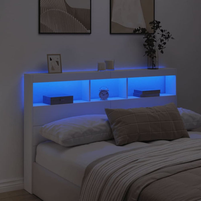 Queen Size Headboard Cabinet with Led White 160x17x102 Cm