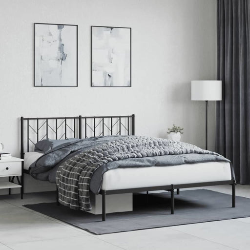 Queen Size Metal Bed Frame with Headboard Black 150x200 Cm