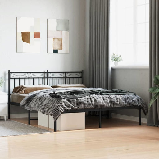 Queen Size Metal Bed Frame with Headboard Black 150x200 Cm