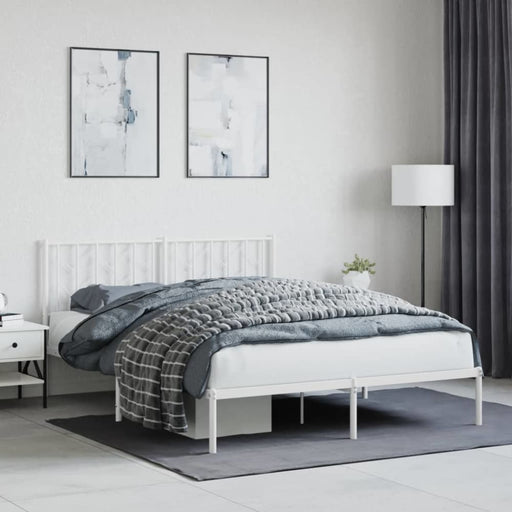 Queen Size Metal Bed Frame with Headboard White 150x200 Cm