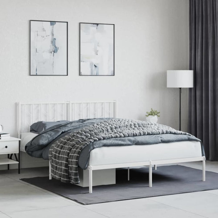 Queen Size Metal Bed Frame with Headboard White 150x200 Cm
