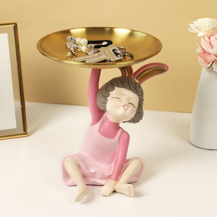 Rabbit Girl Statue with Tray for Keys Storage Box Nut Candy