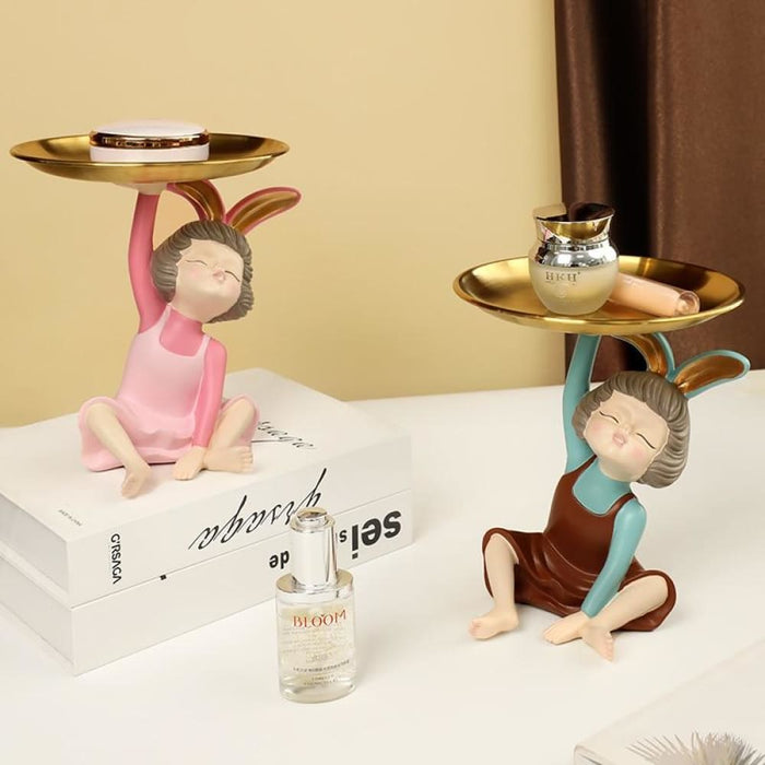 Rabbit Girl Statue With Tray For Keys Storage Box Nut Candy