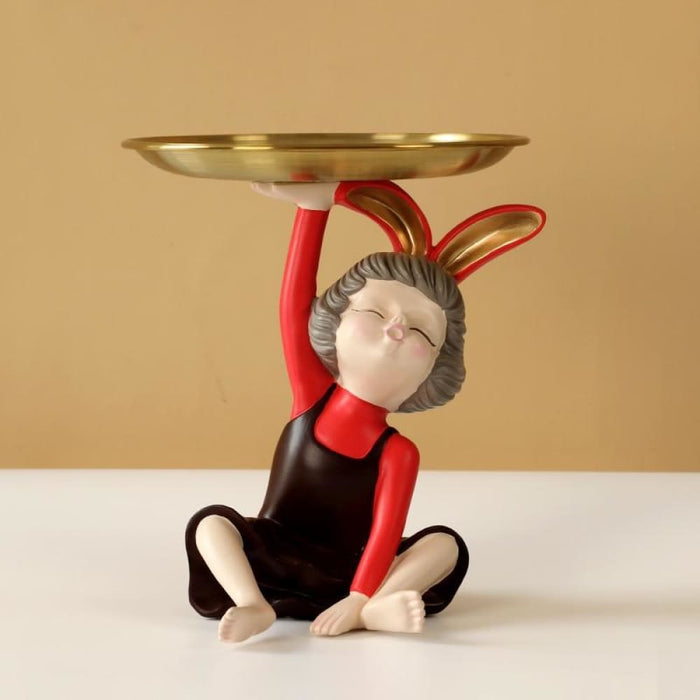 Rabbit Girl Statue with Tray for Keys Storage Box Nut Candy