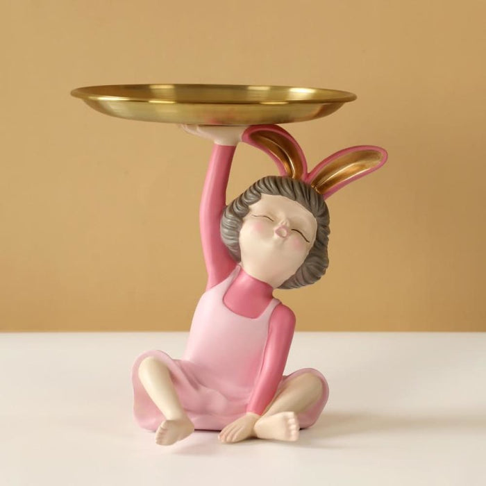 Rabbit Girl Statue With Tray For Keys Storage Box Nut Candy
