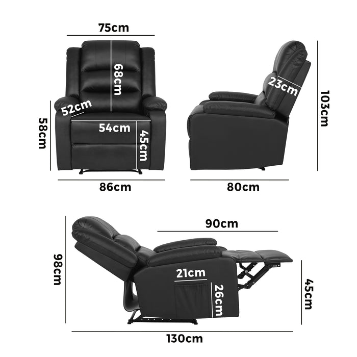 Recliner Chair Armchair Padded Lounge With Side Pocket Leather Black