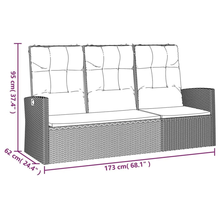 Reclining Garden Bench with Cushions Black 173 Cm Poly