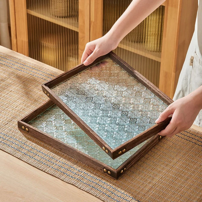 Rectangular Glass Wooden Tray for Living Room Snacks and Tea