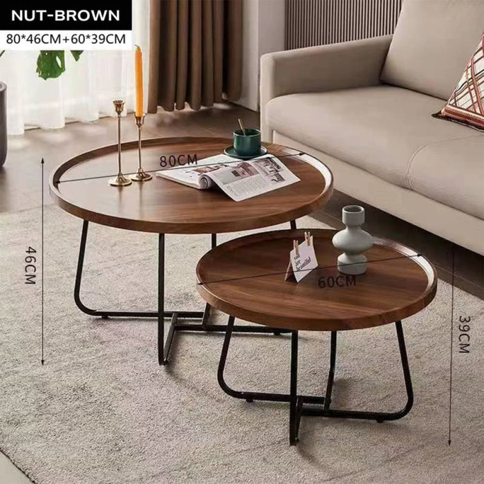 Removable Set of 2 Round Coffee Table Walnut Nesting Side