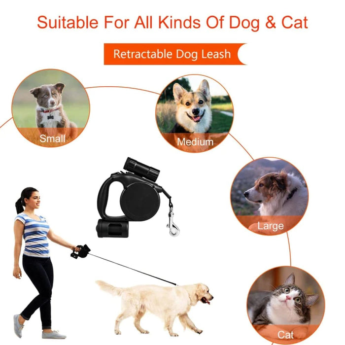 Retractable Dog Leash no Tangle Flashlight Poop Bag Holder
