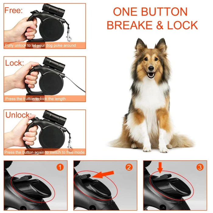Retractable Dog Leash no Tangle Flashlight Poop Bag Holder