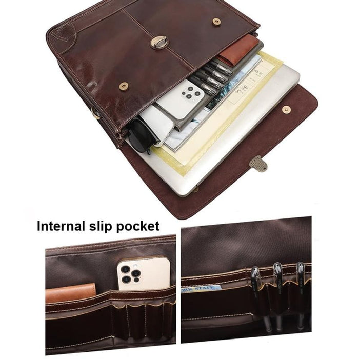 Retro Cowhide Leather Briefcase For 15.6 Inch Laptop