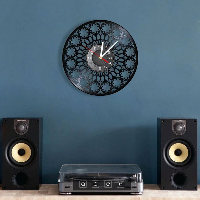 Retro Vinyl Record Wall Clock with Floral Design