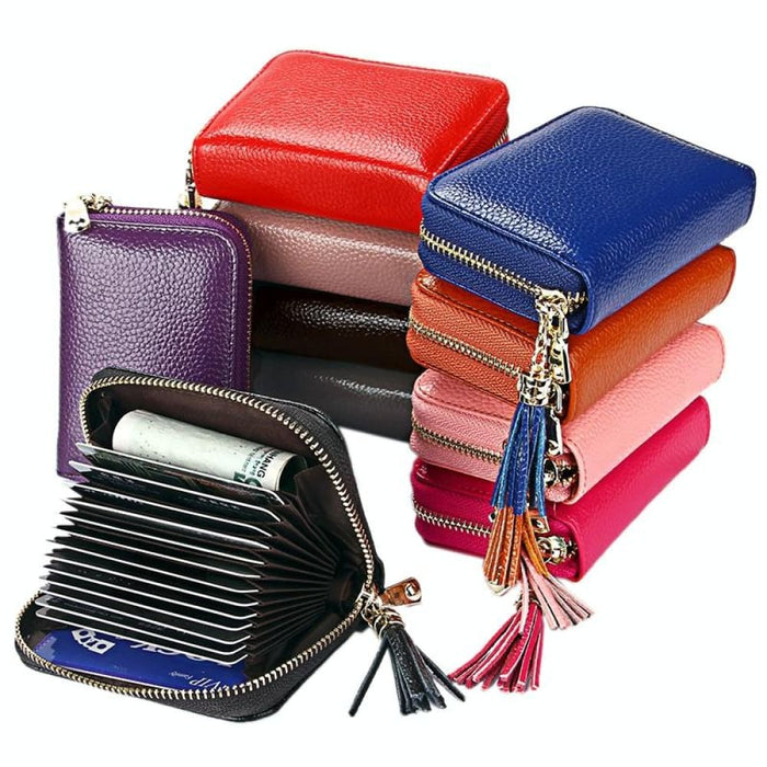 Rfid Blocking Leather Card Holder With Tassel And 15 Slots