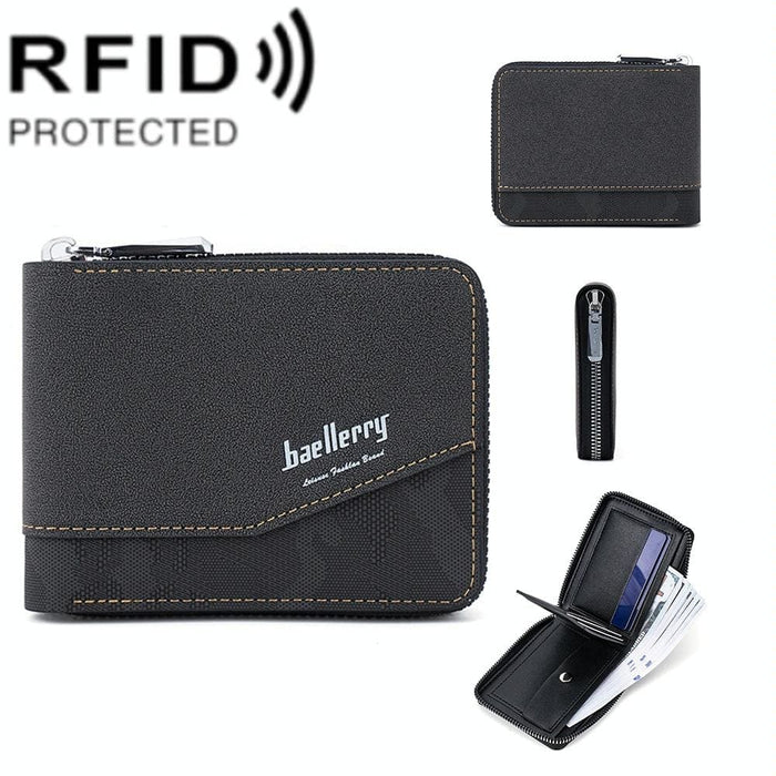 Rfid Blocking Retro Zipper Wallet With Short Coin Purse
