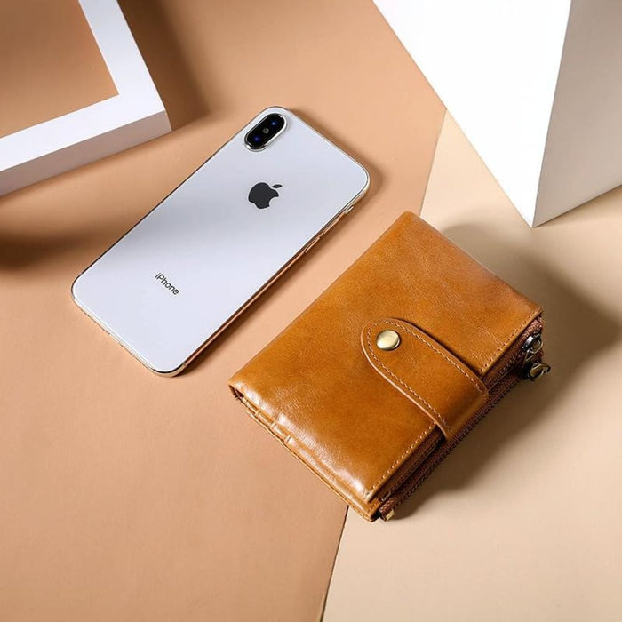 Rfid Leather Wallet With Dual Zippers