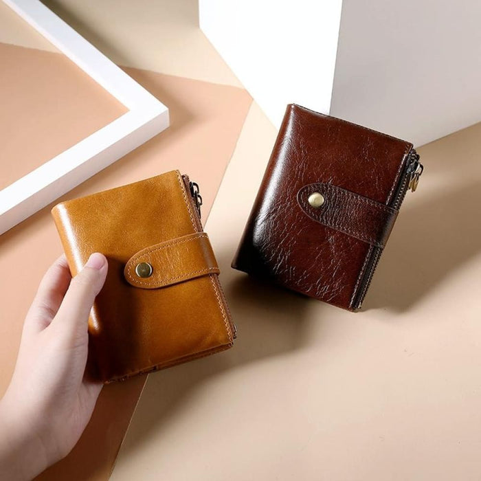 Rfid Leather Wallet With Dual Zippers