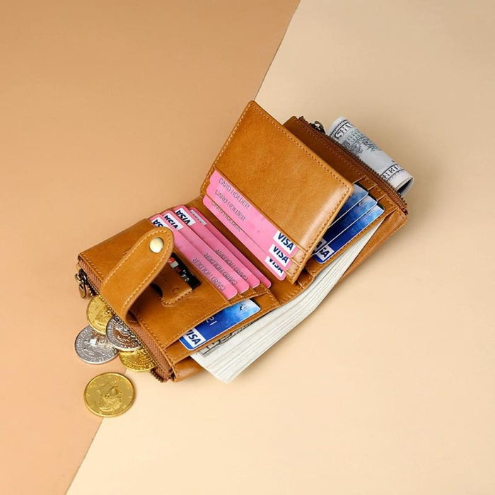 Rfid Leather Wallet With Dual Zippers