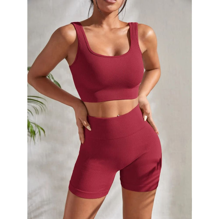 Ribbed Yoga Set Crop Tank And High Waist Shorts